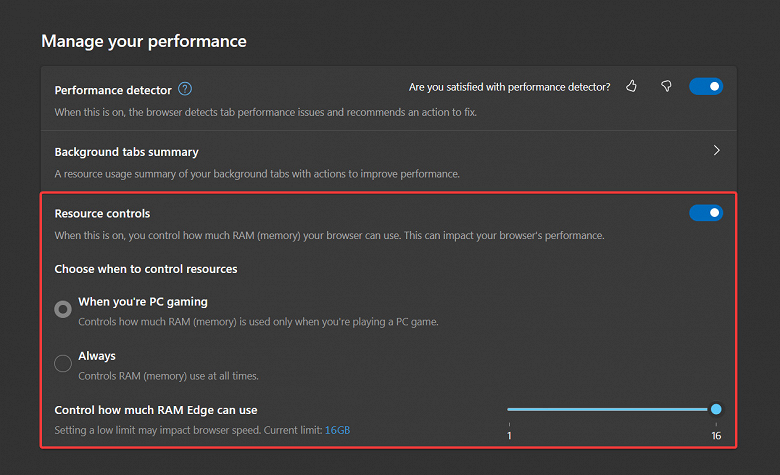 Microsoft позволила ограничить объем потребляемой оперативной памяти для браузера Edge