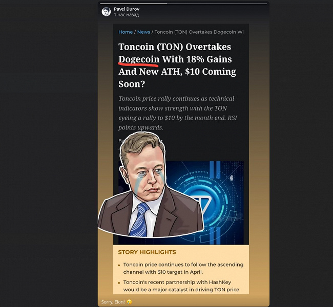«Прости, Илон». Дуров троллит Маска после того, как Toncoin опередила Dogecoin