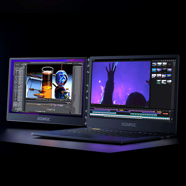 Первый в мире ноутбук с двумя экранами, раскрывающимися в горизонтальной плоскости. Раскрыты параметры Acemagic X1