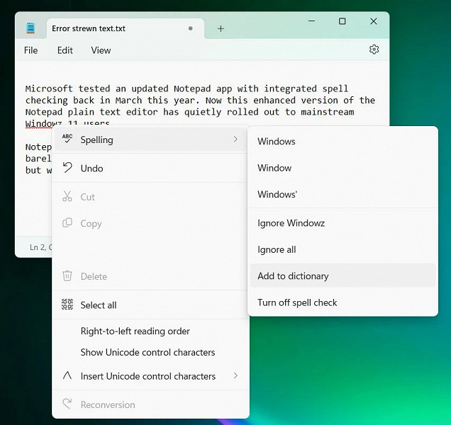 Спустя 41 год с момента выхода приложение «Блокнот» для Windows наконец-то получило функцию проверки правописания